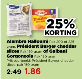 Aanbieding: Alambra Halloumi, Président Burger cheddar slices of Galbani Gorgonzola