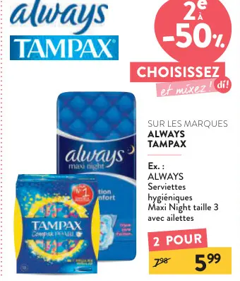 Offre: ALWAYS Maxi Night taille 3 avec ailettes
