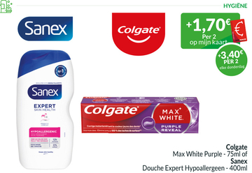 Aanbieding: Colgate Max White Purple of Sanex Douche Expert Hypoallergeen