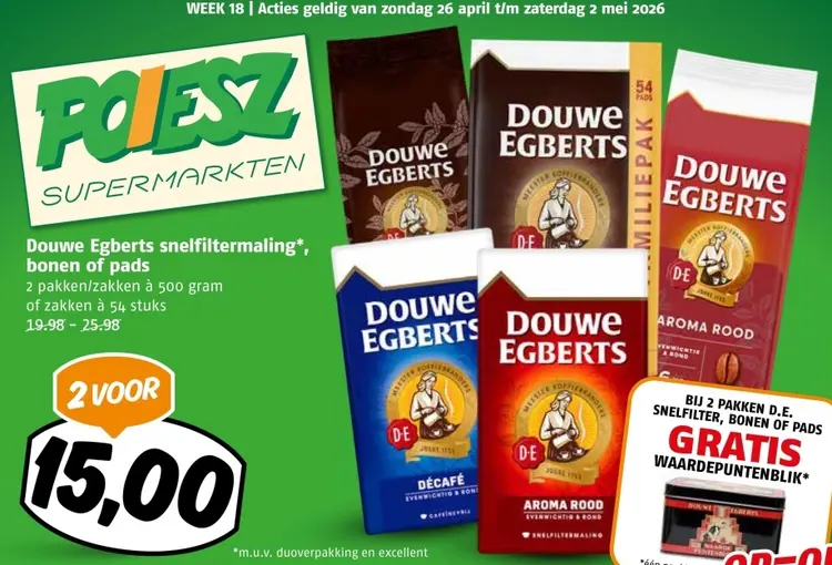 Aanbieding: Douwe Egberts snelfiltermaling, bonen of pads