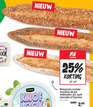 Aanbieding: Biologische rustieke steenoven desem stokbroden, wit, spelt meeraden of 8 granen