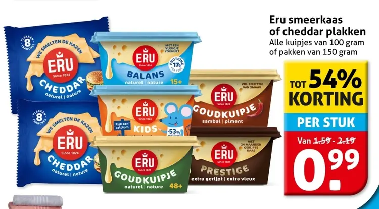 Aanbieding: smeerkaas of cheddar plakken