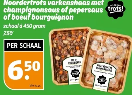 Aanbieding: varkenshaas met champignonsaus of pepersaus of boeuf bourgiognon