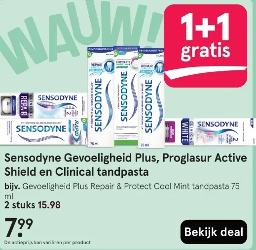 Aanbieding: Sensodyne Gevoeligheid Plus, Proglasur Active Shield en Clinical tandpasta