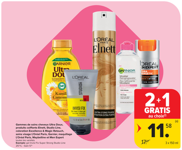 Offre: Gammes de soins cheveux Ultra Doux, produits coiffants Elnett, Studio Line, coloration Excellence & Magic Retouch, soins visage L'Oréal Paris, Garnier, maquillage L'Oréal Paris, Maybelline et Men Expert