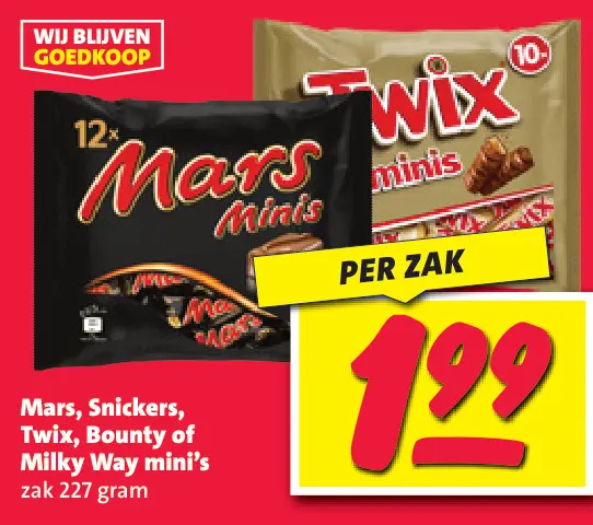 Aanbieding: Mars, Snickers, Twix, Bounty of Milky Way mini's