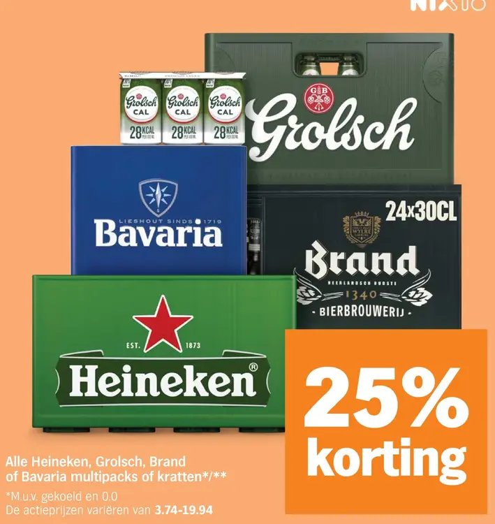 Aanbieding: Heineken, Grolsch, Brand of Bavaria multipack of kratten