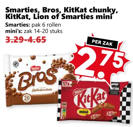 Aanbieding: Smarties, Bros, KitKat chunky, KitKat, Lion of Smarties mini