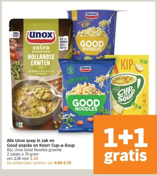 Aanbieding: Unox soep in zak en Good snacks en Knorr Cup-a-soup