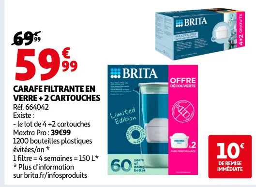 Promotie: Carafe filtrante en verre + 2 cartouches