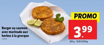 Offre: Burger au saumon avec marinade aux herbes à la greque