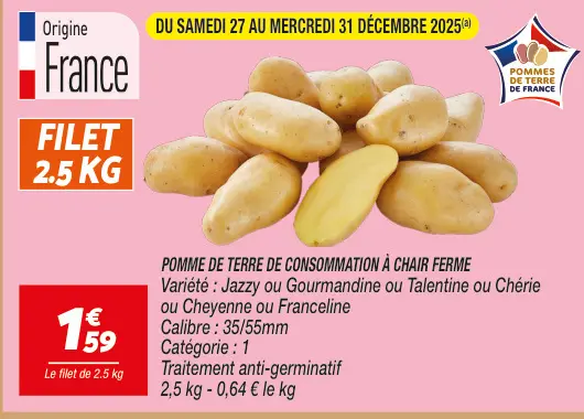 Offre: Pomme de terre de consommation à chair ferme