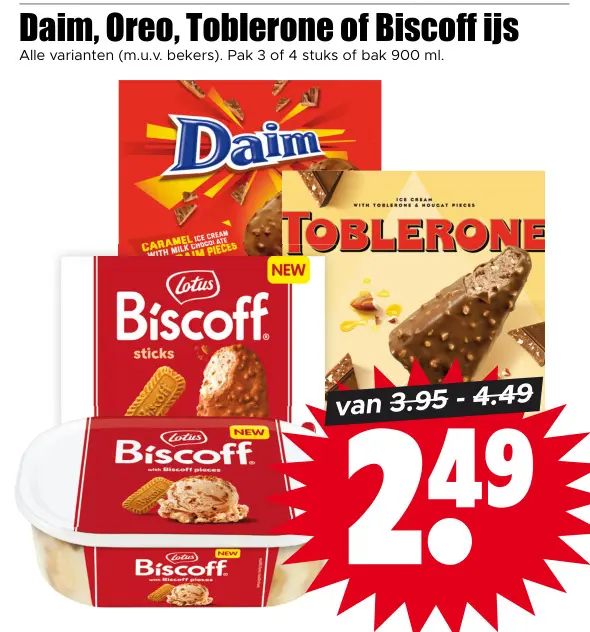 Aanbieding: Daim, Oreo, Toblerone of Biscoff ijs