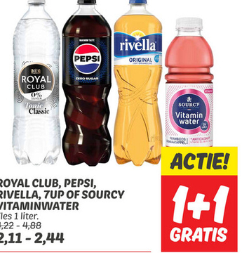 Aanbieding: ROYAL CLUB, PEPSI, RIVELLA, 7UP OF SOURCY VITAMIN