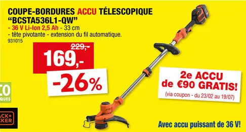 Offre: Black+Decker BCSTA536L1-QW accu trimmer 36V Li-Ion 33cm
