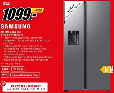 Offre: RS70F64KETEF Frigo américain