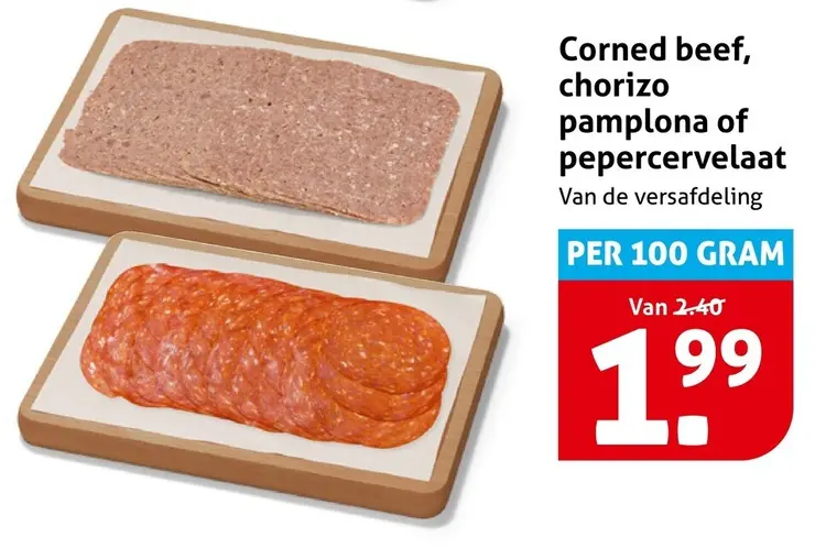 Aanbieding: Corned beef, chorizo pamplona of pepercervelaat