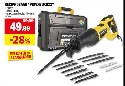 Promotie: Powerplus POWXBOX022 reciprozaag 710W + 12 accessoires