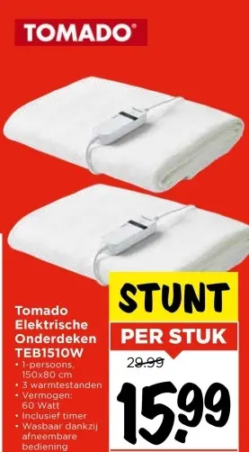 Aanbieding: Tomado Elektrische Onderdeken TEB1510W