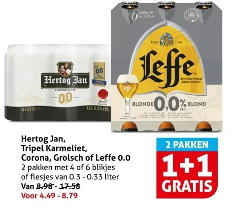 Aanbieding: Hertog Jan, Tripel Karmeliet, Corona, Grolsch of Leffe 0.0