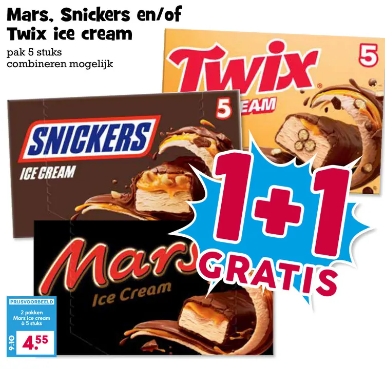 Aanbieding: Mars, Snickers en/of Twix ice cream