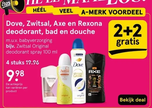 Aanbieding: Dove, Zwitsal, Axe en Rexona deodorant, bad en douche