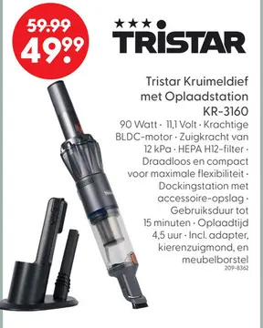 Aanbieding: Tristar kruimelzuiger met docking station bldc motor