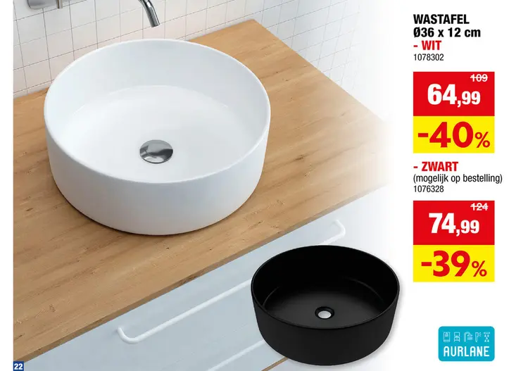 Promotie: Aurlane wastafel opbouw rond 36cm zwart