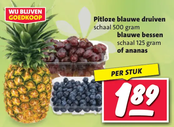 Aanbieding: Pitloze blauwe druiven, blauwe bessen of anananas