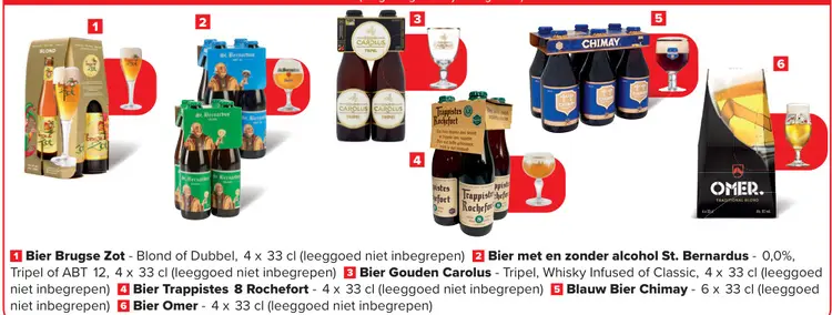 Promotie: Bier Brugse Zot, St. Bernardus, Gouden Carolus, Trappistes 8 Rochefort, Blauw Bier Chimay of Omer