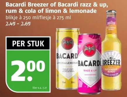 Aanbieding: Bacardi Breezer of Bacardi razz & up, rum & cola of limon & Lemonade