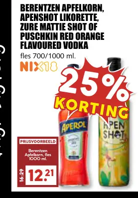 Aanbieding: Berentzen apfelkorn, Apenshot likorette, zure mattie shot of Puschkin red orange flavoured vodka