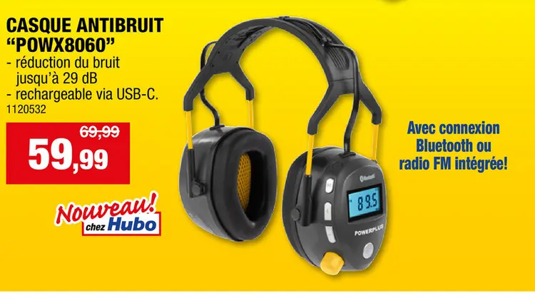 Offre: Powerplus POWX8060 casque antibruit Bluetooth/FM radio 29dB