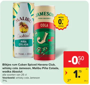 Aanbieding: Blikjes rum Cuban Spiced Havana Club, whisky cola Jameson, Malibu Piña Colada, wodka Absolut