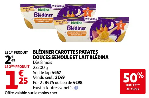 Promotie: Blédiner carottes patates douces semoule et lait blédina