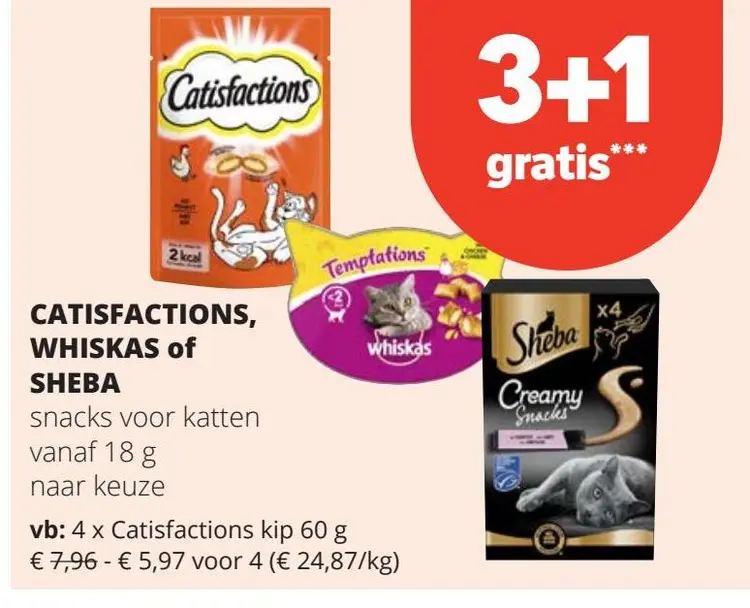 Aanbieding: Catisfactions, Whiskas of Sheba snacks voor k