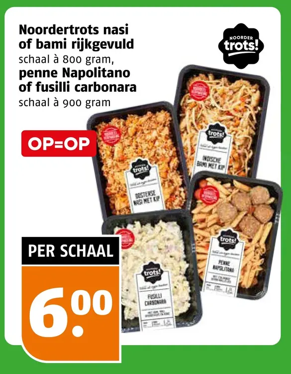 Aanbieding: Nasi of bami rijkgevuld, penne Napolitano of fusilli carbonara