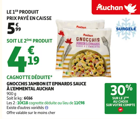 Offre: Gnocchis jambon et epinards sauce à l'emmenta