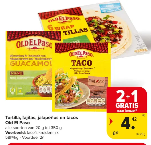 Promotie: Tortilla, fajitas, jalapeños en tacos