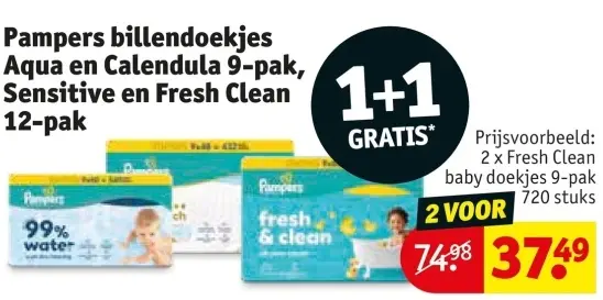 Promotie: Pampers billendoekjes aqua en calundula 9-pak, sensitvie en fresh clean 12-pack