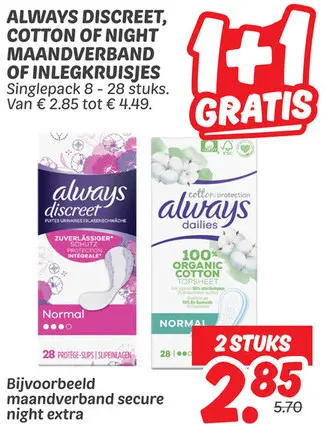 Aanbieding: Discreet, cotton of night maandverband of inlegkruisjes