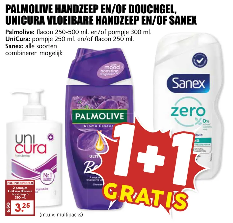 Aanbieding: Palmolive handzeep en/of douchgel, Unicura vloeibare handzeep en/of Sanex