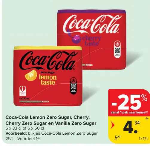 Promotie: Coca-Cola Lemon Zero Sugar, Cherry, Cherry Zero Sugar en Vanilla Zero Sugar