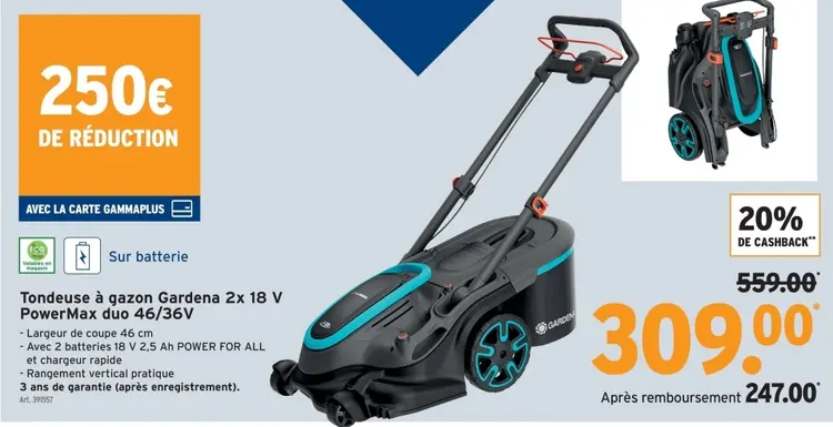 Offre: Tondeuse à gazon Gardena 2x 18 V PowerMax duo