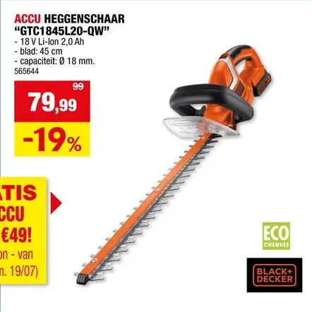Promotie: Black+Decker GTC1845L20-QW accu heggenschaar 18V Li-Ion 45cm
