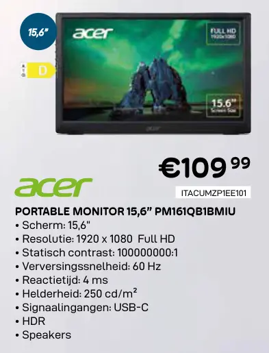 Promotie: Portable monitor 15,6" pm161qb1bmiu