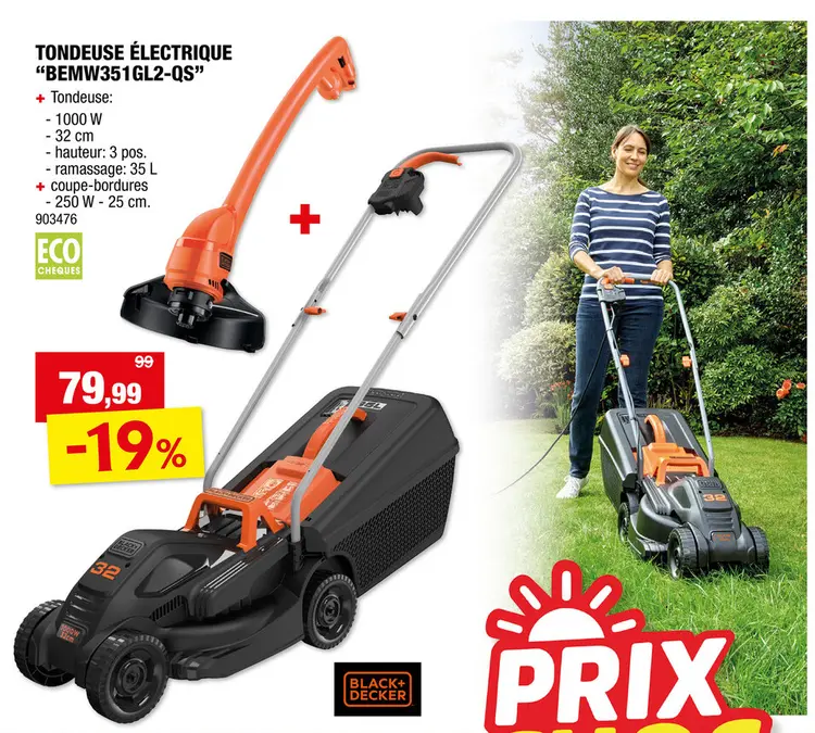 Offre: Black+Decker BEMW351GL2-QS tondeuse électrique 1000W 32cm + coupe-bordures 250W 23cm