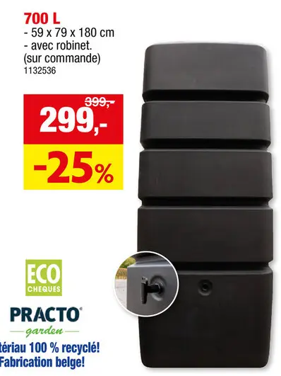 Offre: Tonneau de pluie 700 L 59x79x180cm + robinet