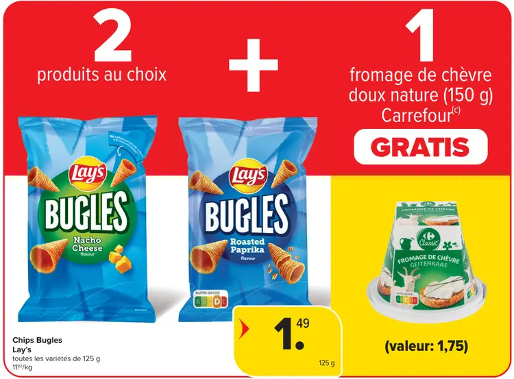 Offre: Chips Bugles + GRATIS fromage de chèvre doux nature
