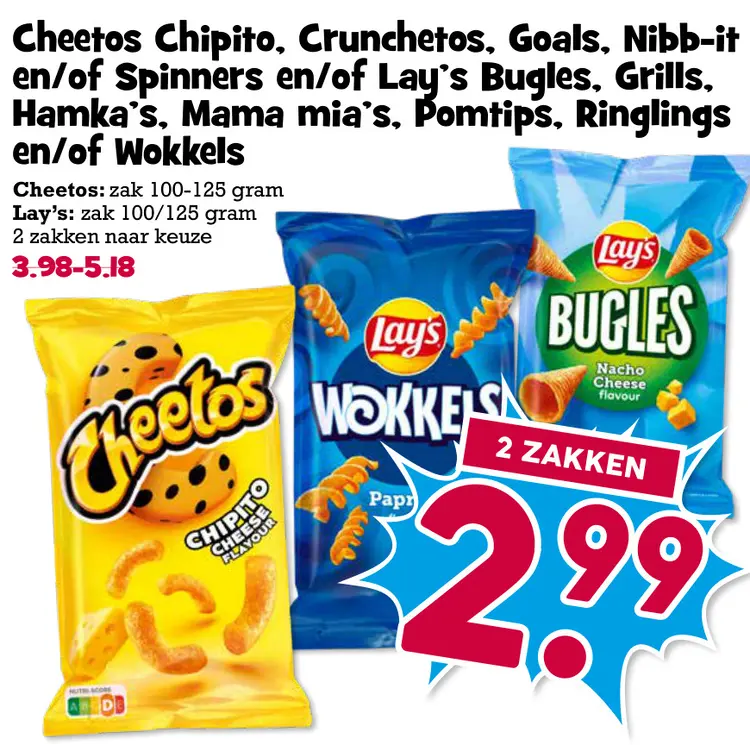 Aanbieding: Chipito, Crunchetos, Goals, Nibb-it en/of Spinners en/of Lay's Bugles, Grills, Hamka's, Mama Mia's, Pomtips, Ringlings en/of Wokkels